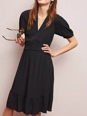 Maeve Anthropologie Womens 2 Black Belted Short Sleeve V-neck Dress